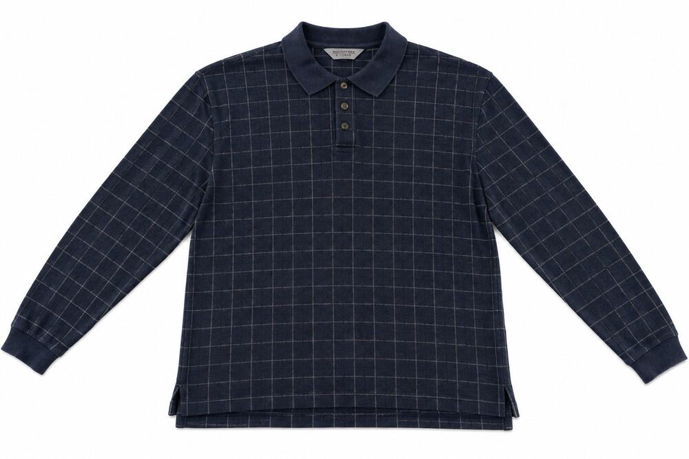 Eddie Bauer Men’s Medium Blue Windowpane Plaid Long Sleeve Polo Shirt